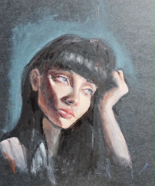 Teal Thoughts, original oil painting on paper by Mia Cugasi with teal blue tones, 11 by 14 inches